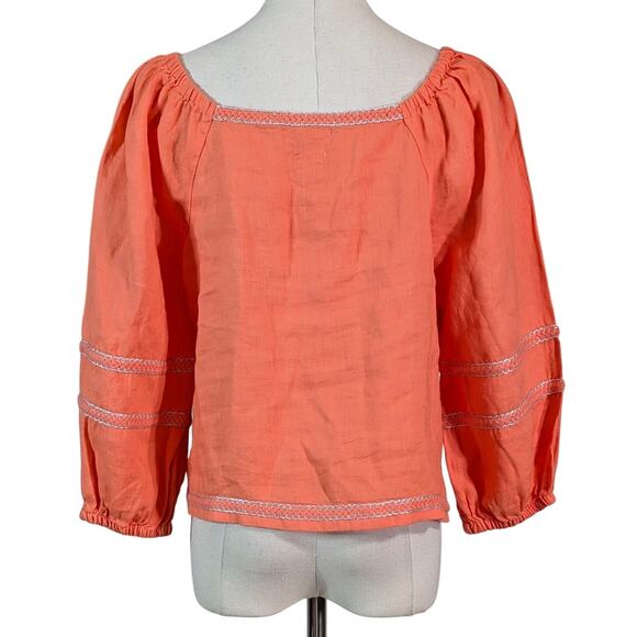 Joie Coral Linen Peasant Blouse Square Neck Silver Trim Small Boho Chic - Picture 4 of 5